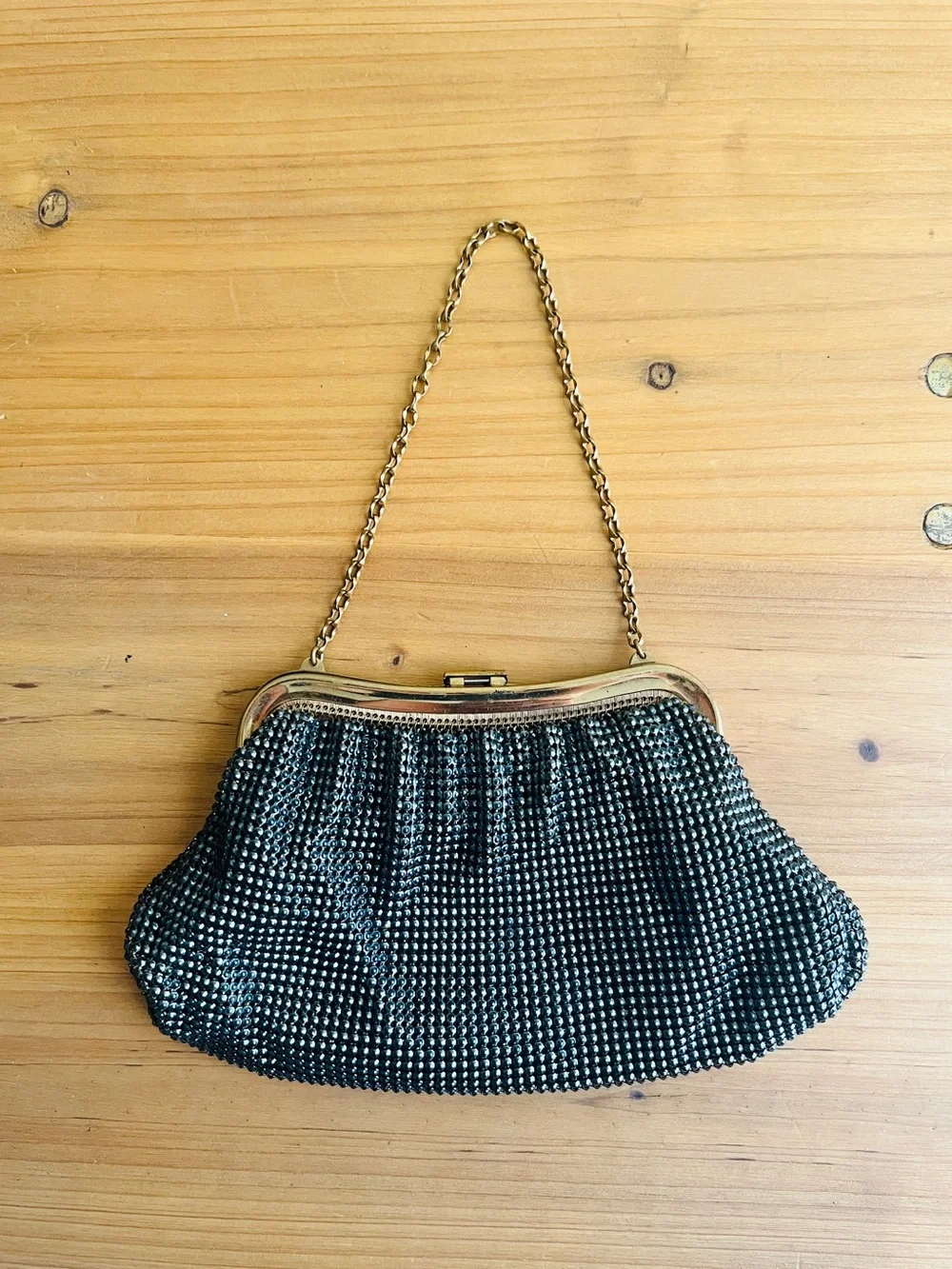 Vintage Whiting & Davis Purse Clutch Bag Mesh Navy Blue Gold Glam Retro USA Made